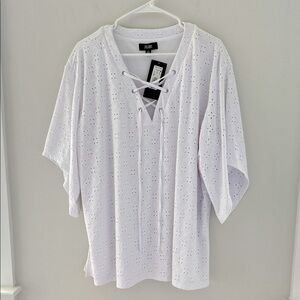Slim Factor White Eyelet Lace-Up Blouse Size XL